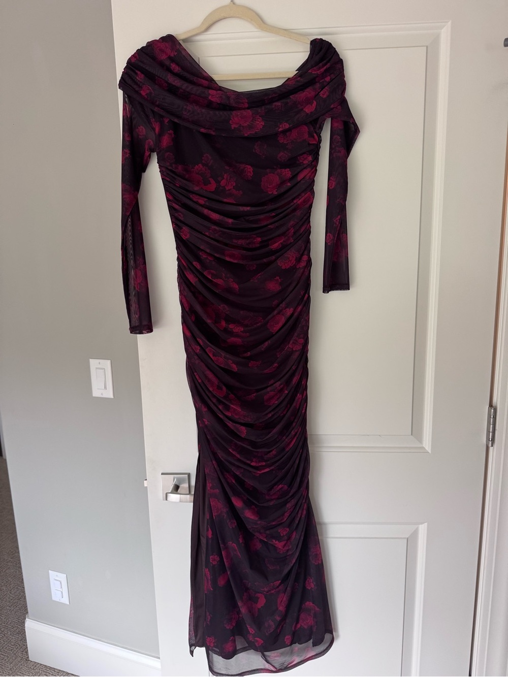 Abercrombie Elegant Black and Red Floral Ruched Evening Dress